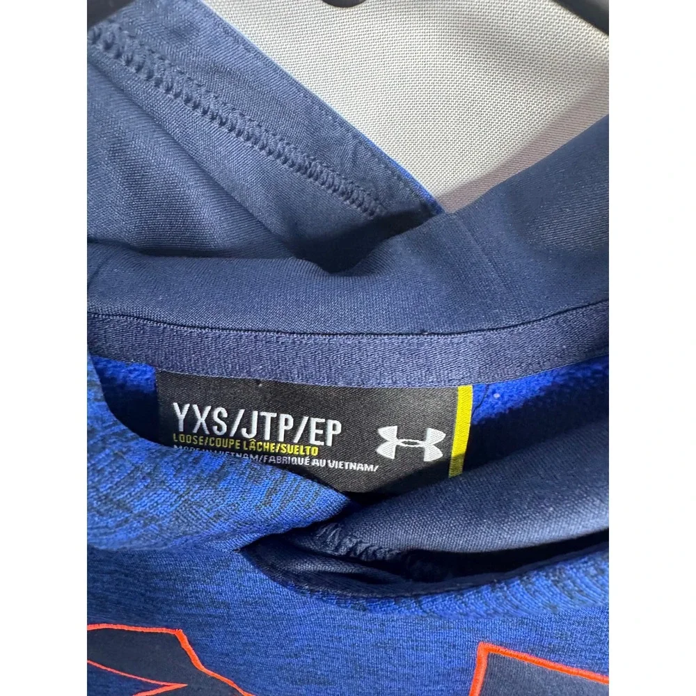 Under Armour Boys Blue Heather Orange Logo Pullover Hoodie Sweatshirt YXS
